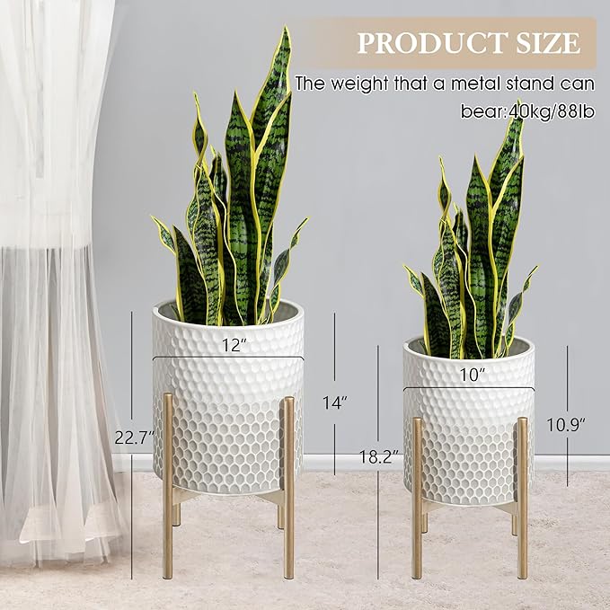 Oakrain Planters for Indoor Plants, Set of 2 Modern Planter with Stand, Decorative Metal Planter Pots for Living Room, Office, Garden, Balcony, 10"&12", White-Grey Gradient
