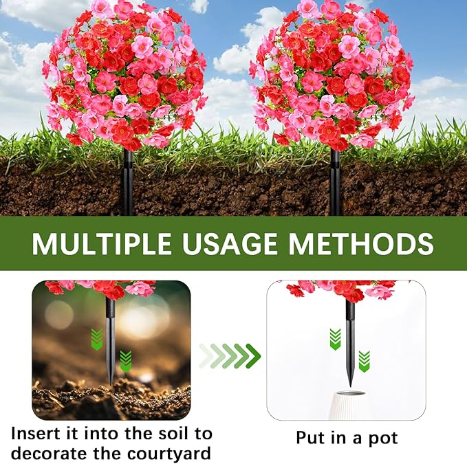 Waipfaru Set of 2 Artificial Boxwood Topiary with Colorful Flowers, 23" UV Resistant Fake Bushes Faux Outdoor Plants, Artificial Shrubs with Ground Spike for Outdoor Garden Front Porch(Red, Pink)