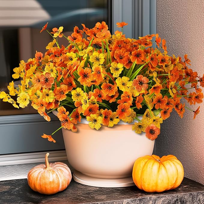 INQCMY Artificial Fake Plants Flowers for Outdoor Outside Fall Decoration,24 Bundles Faux Silk Daisy in Planter UV Resistant Look Real for Home Front Door Porch Patio Garden Balcony Autumn Decor