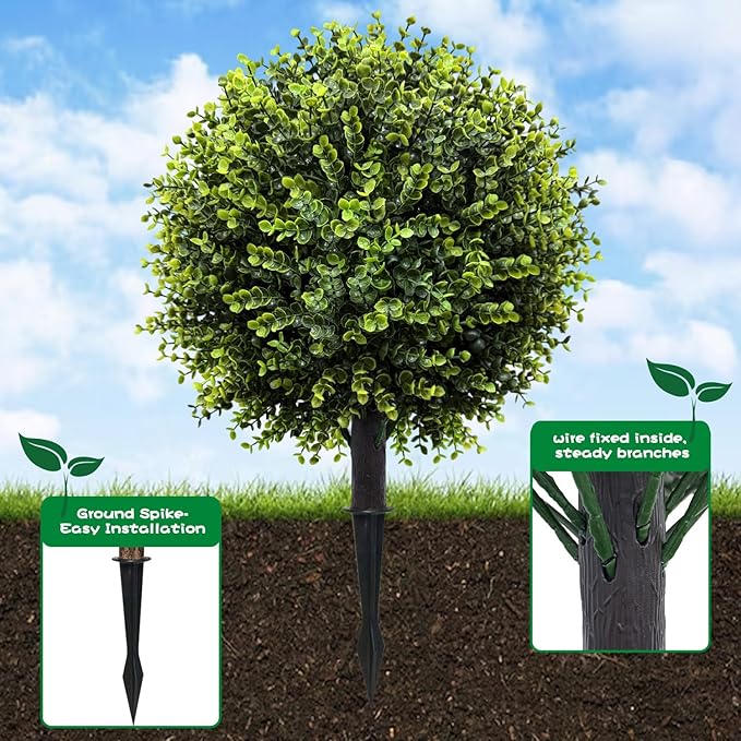 Artificial Topiary Trees Outdoor 2 Pack, 24.5" Boxwood Ball Faux Plants with Stakes, UV Resistant Fake Evergreen Shrubs for Front Porch Planters Garden Spring Decor-Green