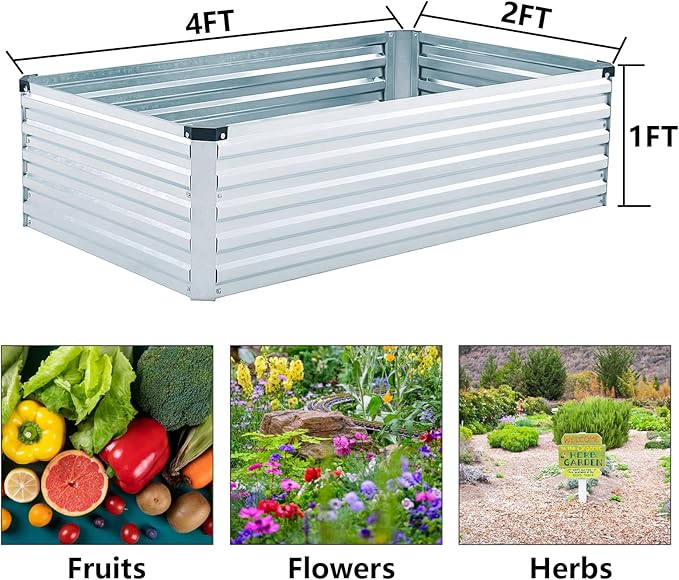 Meberam 2 Pack 4x2x1FT Galvanized Raised Garden Beds Kit Outdoor Metal Gardening Planter Box for Vegetable Elevated Flower Herbs,Silver