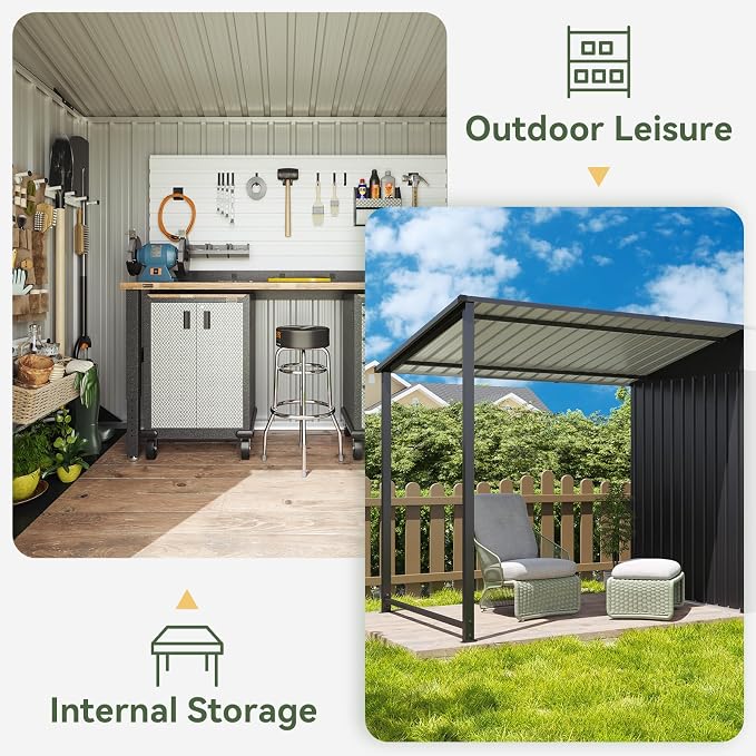 Aoxun 6x4FT Outdoor Storage Shed & Hardtop Gazebo Combo with Magnetic Sensor Lights, 12x4FT Metal Lean to Shed with Pergola, 2-in-1 Durable Garden Tool Shed for Patio, Backyard, Deck