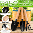 3 Pcs Mini Gardening Tools – Mini Garden Tools Set with 2 Small Shovels (Narrow and Wide) & Hand Rake, Rustproof Metal Build, Ergonomic Wooden Handles – Potting & Transplanting Kit for Indoor Plants