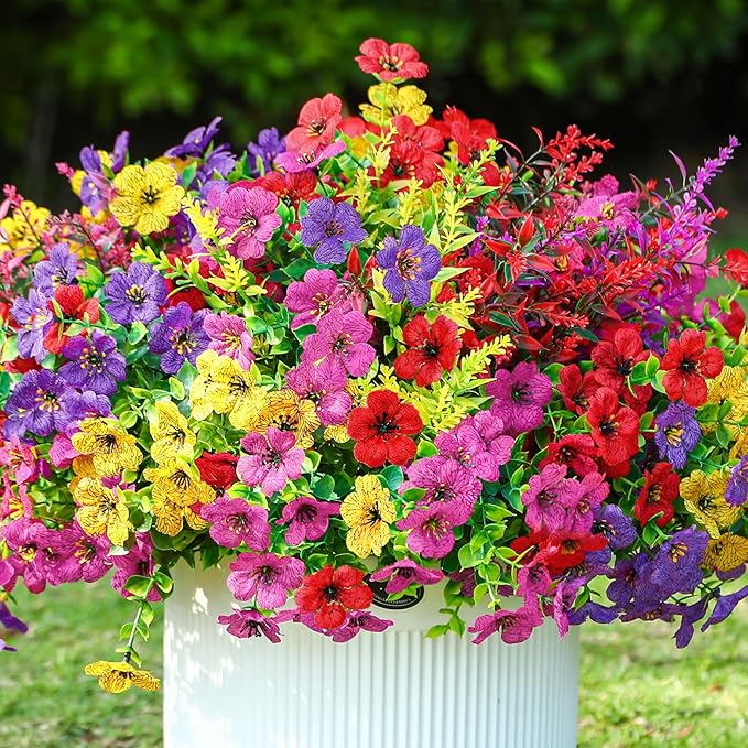 SHareconn 24 Bundles Artificial Flowers for Outdoors Decoration, Faux Plants Fake Silk Colorful Daisy Eucalyptus Lavender, UV Resistant for Outside Home Porch Indoor Spring Decor, RedRosyPurpleYellow