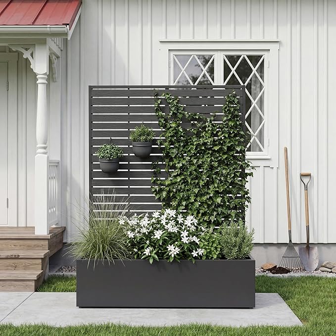 Metal Raised Garden Bed with HDPE Trellis, 45"x16"x59" Planter Box for Vegetables & Climbing Plants, Outdoor HDPE Privacy Screen Planter with Drainage Holes for Patio, Backyard, Garden