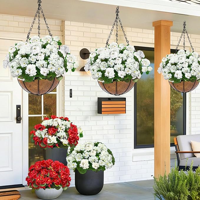 TURNMEON Artificial Geraniums Flowers for Outdoors Summer Decoration, 4 Bundles Fake Flowers Silk White Flowers UV Resistant No Fade Faux Plants for Planter Gardens Table Porch Indoor Cemetery Decor