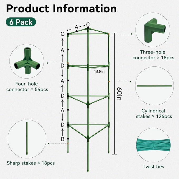 Halatool 6 Pack Tomato Cages for Graden 60 Inch, Adjustable Metal Tall Heavy Duty Tomato Trellis Plant Support, Foldable Tomatoes Stakes for Climbing Vegetables Flowers Fruits