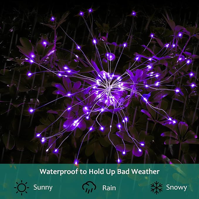 JJGoo Solar Firework Lights, 2 Pack 120 LEDs 2 Lighting Modes Solar Garden Lights Outdoor Waterproof for Yard Patio Walkway Pathway Party Wedding Christmas Decorative - Purple