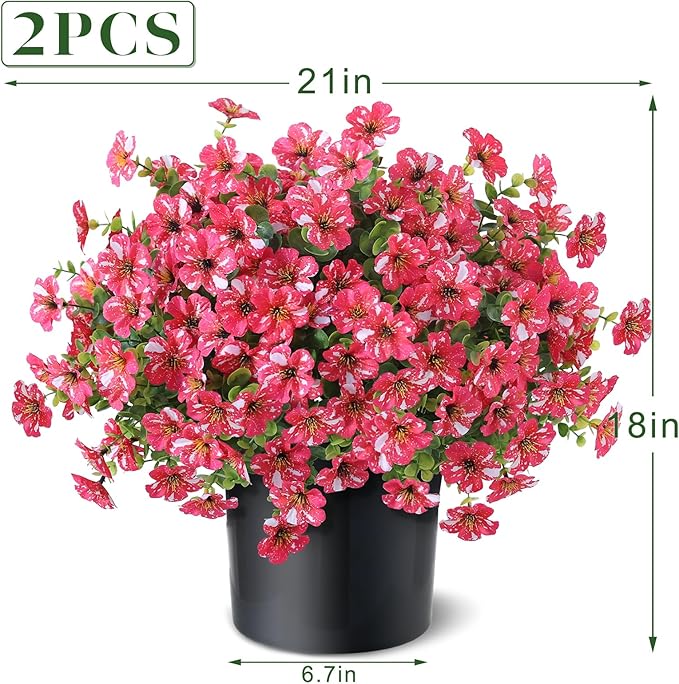 Artificial Morning Glory & Eucalyptus Topiary Trees - Set of 2 Faux Silk Flower Potted Plants, UV-Resistant Fake Outdoor Morning Glory Bushes for Front Door, Yard, Farmhouse, Garden Decor (Rose Red)