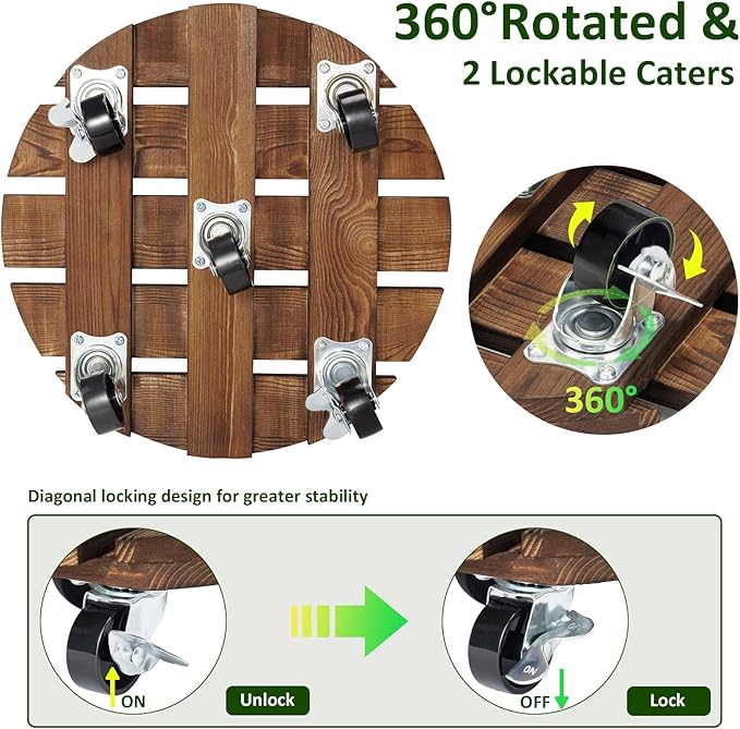 Yangbaga 2pack Plant Caddy 12’’Wood Duty Rolling Plant Stand with 2 360° Lockable Caster Wheels,Indoor Outdoor on Roller Patio/Flower Pot/Succulent Pots