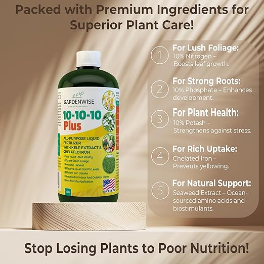 GARDENWISE 10-10-10 All Purpose Plant Food - Liquid Fertilizer with Seaweed Kelp & Iron - Indoor & Outdoor Plant Food, Vegetables, Flowers, Lawn & Garden 1x16 oz
