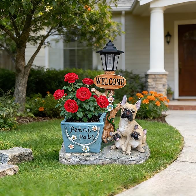 Animal Outdoor Statue Planter Solar Light Welcome Garden Sculpture Resin Flower Pot Decorative Porch Patio Yard Lawn Entryway Figurine with LED Lamp Rustic Plant Holder Ornament Courtyard (J)