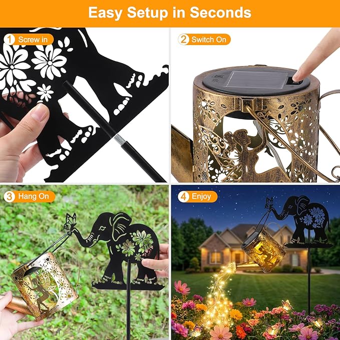 Solar Watering_Can Lights Outdoor Decor with Elephant Stake & Fairy Silhouettes, Cascading String Lights for Garden, Patio, Yard - Waterproof Solar Powered Gift for Mom, Housewarming, Birthday