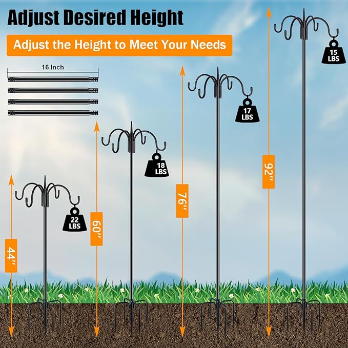 FEED GARDEN 92 Inch Four Shepherd Hooks for Outdoor,Bird Feeder Pole with 5 Prong Base, Adjustable Shepard Hooks for Hanging Plant, Solar Lanterns, Wind Chimes, 2 Pack