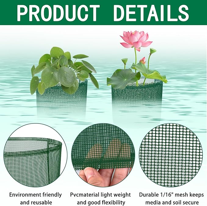 EBaokuup 4 Pcs Aquatic Pond Planting Bags-7" Reusable Mesh Water Garden Pond Plant Pot-Breathable Green Square Lily Plant Pots for Pond Bog Plant Garden Terrestrial Plant