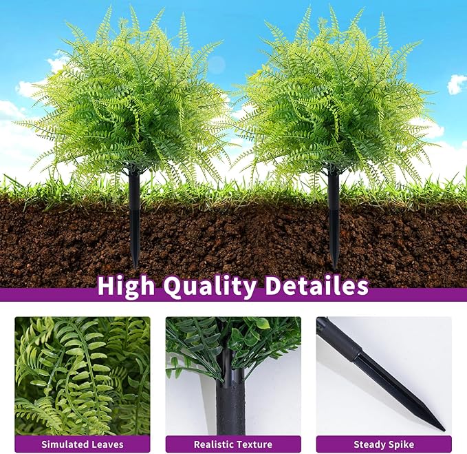 2 Pack 23.6" Artificial Fern Topiary Ball Trees with Ground Spike, Outdoor UV Resistant Fake Evergreen Trees Shrubs Bushes Artificial Plants Faux Bosten Fern Plants for Porch, Garden, Front Door