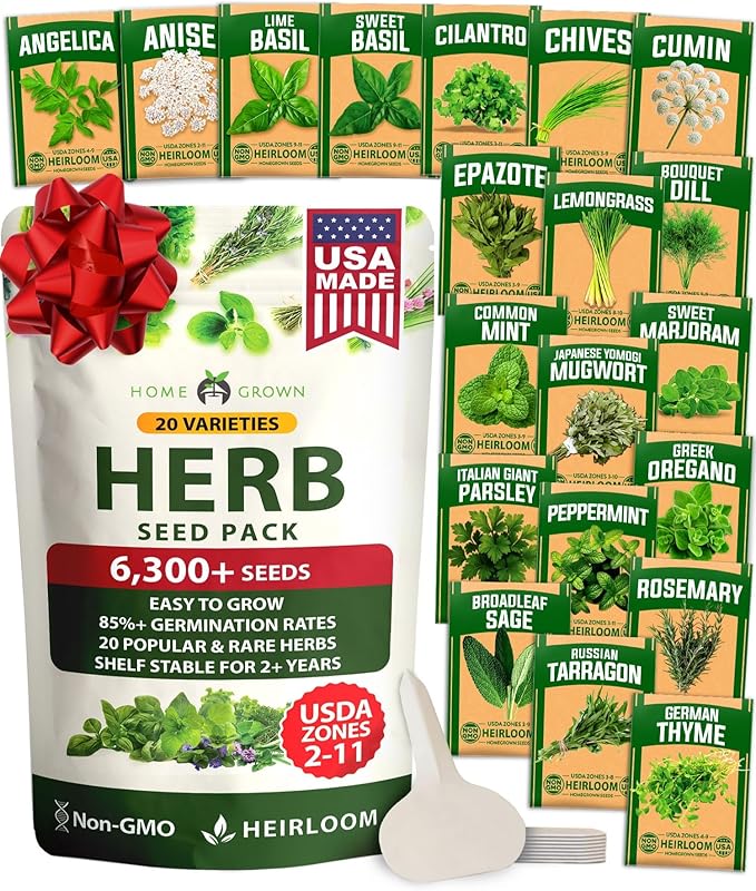 HOME GROWN Premium Herb Seeds Variety Pack - 20 Heirloom Herb Seeds for Planting - 6,000+ Non-GMO Seeds with Plant Markers - Indoor Outdoor Hydroponic Herb Garden - Culinary & Medicinal Herbs