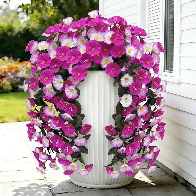 Artificial Flowers for Outdoors Fake Fuchsia Pink Morning Glory Hanging Flower Decoration, 2Pcs Realistic Faux Plants Petunias Long Trailing Vines,Spring Decor for Porch Patio Balcony Planter Yard