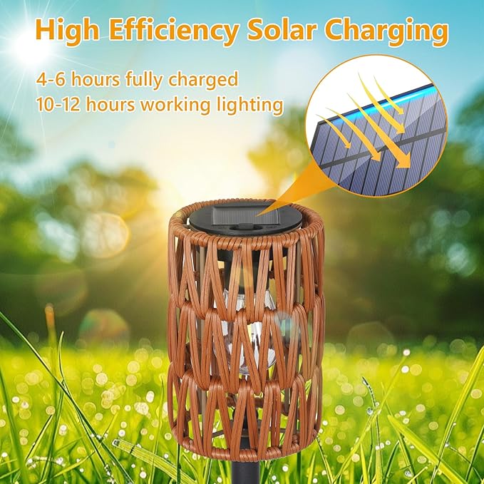 Solar Outdoor Floor Lamp Waterproof, Cordless Outdoor Lamps for Patio with Shelves Plant Stand, Rattan Solar Lamp for Outside, Wireless Outdoor Light for Yard Garden Deck Porch Decor