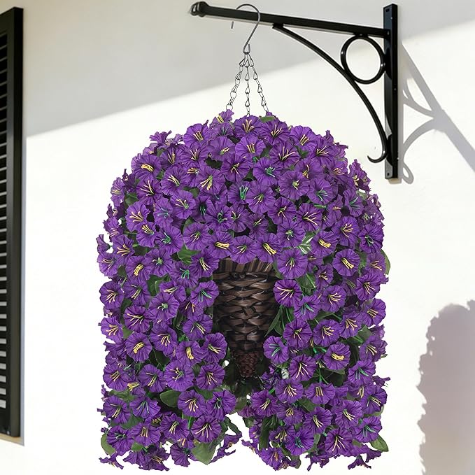 Artificial Fake Flowers Plants Hanging Baskets Outdoor Outside Spring Decor, Faux Silk Purple UV Resistant Look Real Morning Glory Home Patio Porch Balcony Decoration