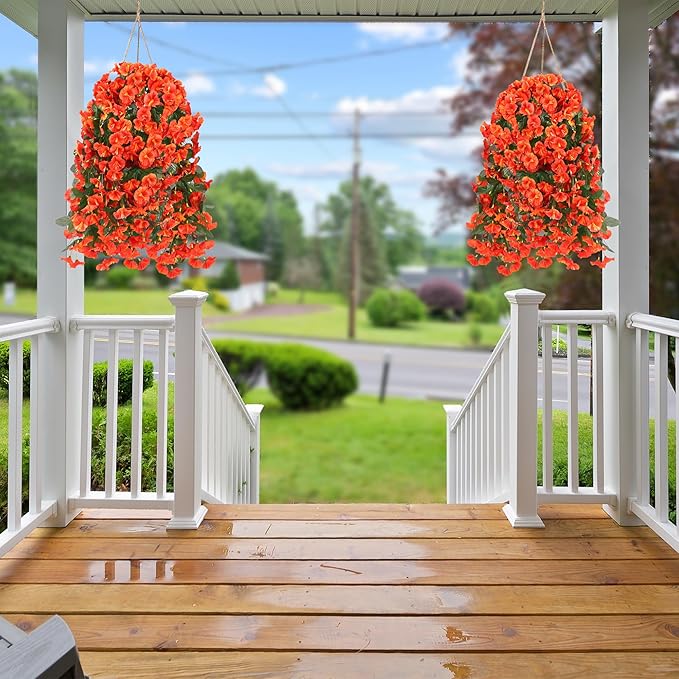Sggvecsy Artificial Fake Hanging Flowers Plants for Outdoor Outside Spring Summer Decoration 2PCS Faux Silk UV Resistant Realistic Morning Glory Trailing Vines for Home Porch Patio Balcony(Orange)
