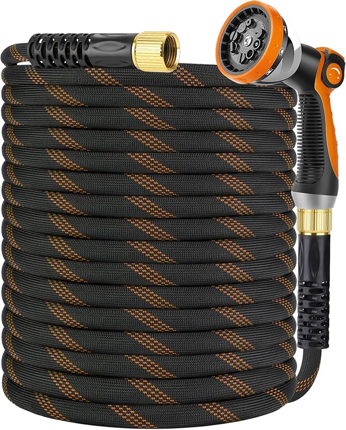 Non-Expanding Garden Hose 100 ft, Kink Free Flexible Water Hose with 10-Pattern Spray Nozzle, Lightweight Hose Pipe, Leak Proof, 3/4" Swivel Connectors, Super Fabric, Portable Storage Strap