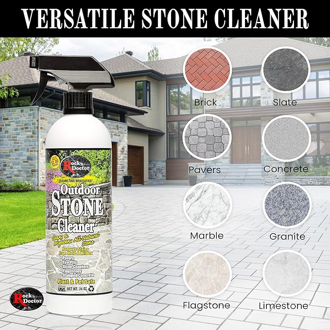 Rock Doctor Outdoor Stone Cleaner, Natural Cleaning Solution Removes Stains and Discoloration, Brightens Granite, Pavers, Fire Pits, and Concrete, Plant and Pet Safe, 24 oz Pack of 1