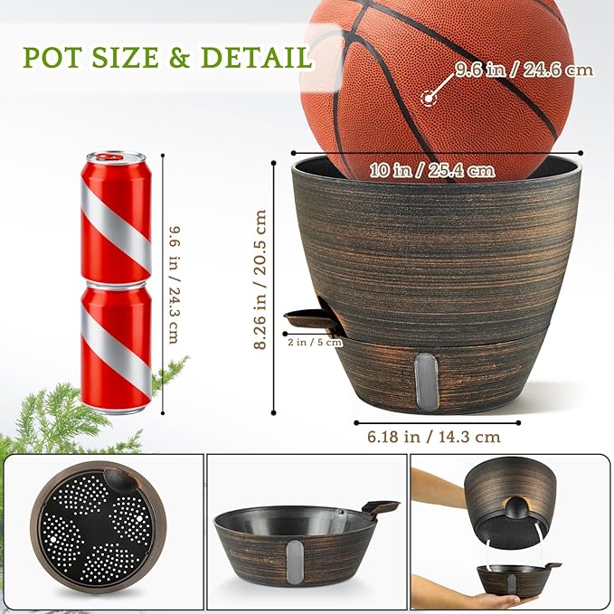 ZMTECH 10 Inch Self Watering Pots for Indoor Outdoor, Bronze Large Plastic Planter with Water Level Indicator, Drainage Hole & Removable Saucer for Garden Flowers, Decorative Plant Container