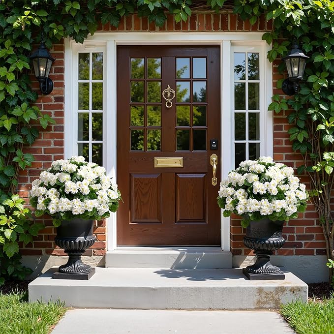 Alupssuc 16Pcs Artificial Geranium Flowers for Outdoors Decoration Silk Floral, UV Resistant Fake Plants, Faux Flower for Porch Garden Table Centerpieces Home Indoor Outside Spring Decor(8, White)