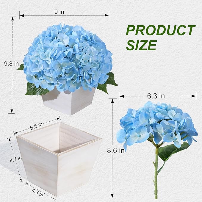 Artificial Hydrangea Flowers Arrangement in Wood Planter, 4PCS Fake Blue Flowers in Wooden Vase Potted Floral Centerpieces for Tables Living Room Home Office Room Shelf Kitchen Decor