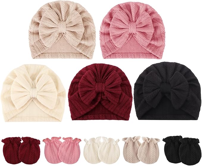 BQUBO Baby Turban Hats and Mittens Set Newborn Infant Hospital Hats Caps with Bows for Baby Boys Girls 0-12 Months