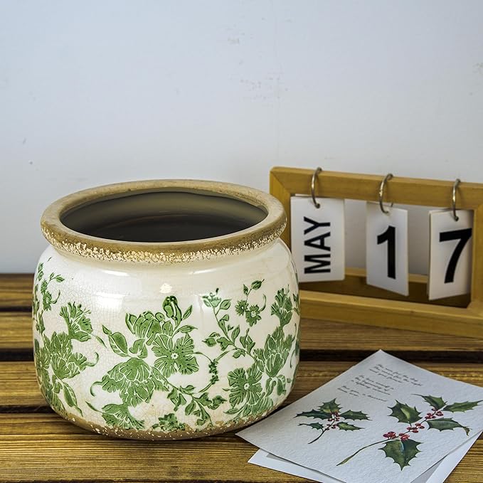 Dosayes Large Ceramic Pot for Planters, Ice Crack Glazed Flower Pot with Drainage Holes,5.91inch Vintage Planters for Indoor and Outdoor(Green)