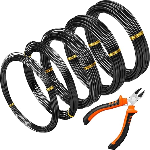 Mudder 5 Roll Aluminum Bonsai Training Wire Tree 160 Feet Total with Bonsai Wire Cutter Anodized Training for Holding Branches Small Trunks(1/1.5/2.0/2.5/3mm,Black)