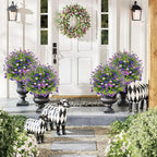2 Pack Artificial Boxwood Topiary Ball Tree with Spikes,Outdoor UV Resistant Fake Bushes Plants Flowers,Faux Shrubs Greenery for Planters Yard Porch Pathway Office Spring Decor - Purple