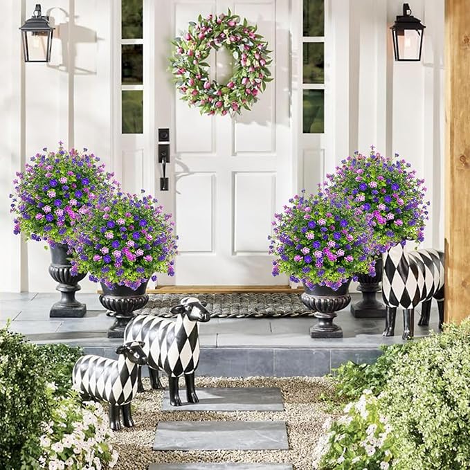 2 Pack Artificial Boxwood Topiary Ball Tree with Spikes,Outdoor UV Resistant Fake Bushes Plants Flowers,Faux Shrubs Greenery for Planters Yard Porch Pathway Office Spring Decor - Purple
