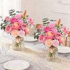 Livole 22Pcs Fake Flowers in Vase Silk Artificial Flowers with Vase & Light Fake Plant Eucalyptus Flower Arrangement for Table Centerpieces Decor for Living Room Coffee Home Farmhouse Purple