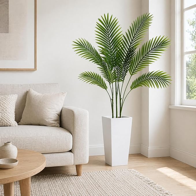 Garvee 4.3FT Artificial Palm Tree, Tall Faux Tropical Areca Plants with White Tall Planter, Fake Potted Tree with Lifelike Leaves for Indoor Living Room Bedroom Home Office Decor
