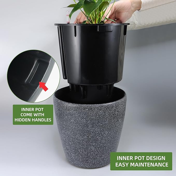 Dexceder 18x17 Self Watering Planter with Wheels (Stone Matte) | Inner Pot Design, Thickened Large Floor Standing Flower Plant Pot with Water Level Indicator Indoor Outdoor