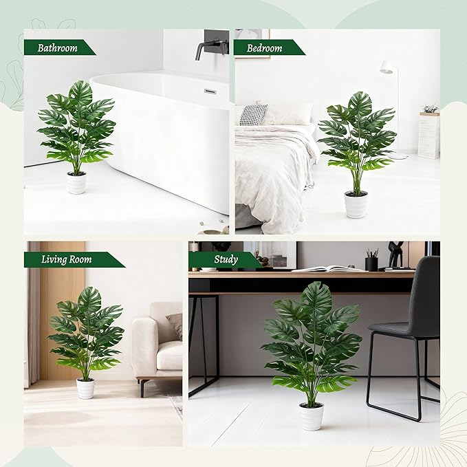 Der Rose 28" Tall Artificial Monstera Plant Faux Plants Indoor in White Pot for Home Office Living Room Floor Porch Balcony Decor