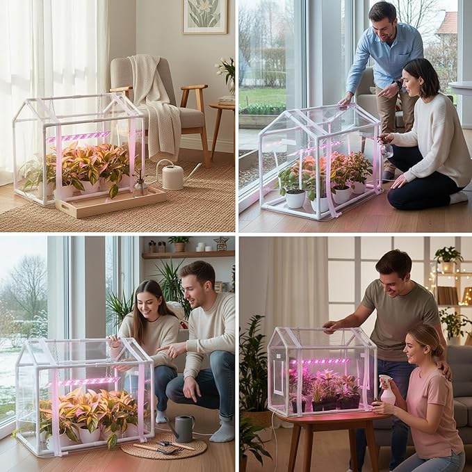 Meonum Mini Greenhouse for Indoor Outdoor, Portable Green House with 15W Plant Dimmable LED Grow Lights, Timer, 3 Light Color Mode for Indoor Outdoor Seed Starter Tray(23.6"x15.7"x19.6")