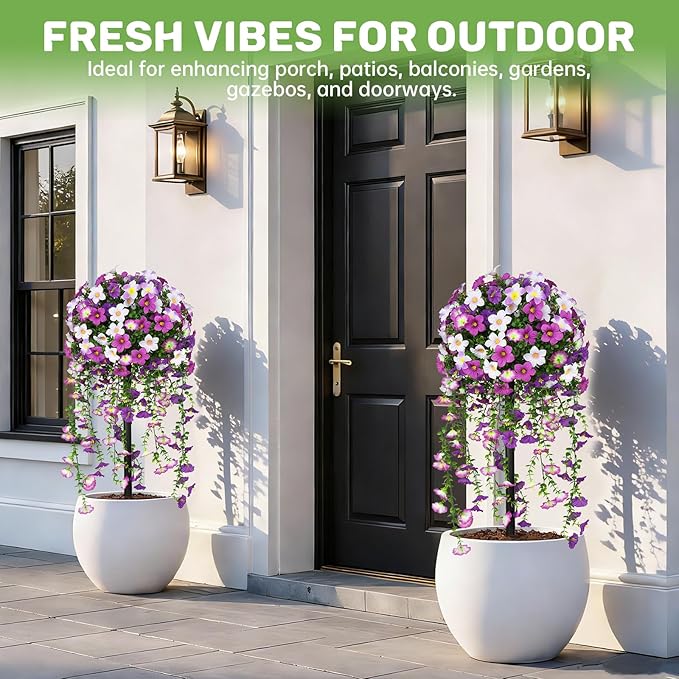 Grooy Artificial Plants Flowers Topiary Ball for Outdoor, 2 Pack Fake Purple Silk Morning Glory Plant Bushes, UV Resistant Realistic Plants Shurbs for Outside,Front Porch,Patio,Yard