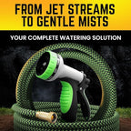PowerFlow Garden Hose, NON-EXPANDABLE 25 Feet Premium Quality Stainless Steel Metal Water Hose with Durable Fabric Skin, Hose For Commercial, Residential Use, Bonus 10-way Spray Nozzle (25 Ft, Green)