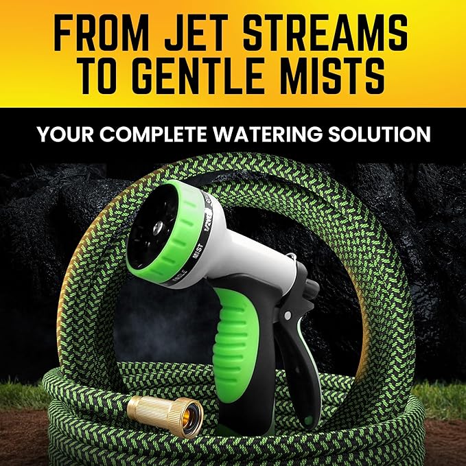 PowerFlow Garden Hose, NON-EXPANDABLE 75 Feet Premium Quality Stainless Steel Metal Water Hose with Durable Fabric Skin, Hose For Commercial, Residential Use, Bonus 10-way Spray Nozzle (75 Ft, Green)