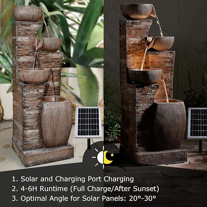 38.2" Tall Solar Powered Water Fountain for Outdoor,4 Tiers Modern Cascading Bowls and Stacked Stones Solar Fountains with LED Lights for Garden, Patio, Deck, Backyard and Home Art Decor