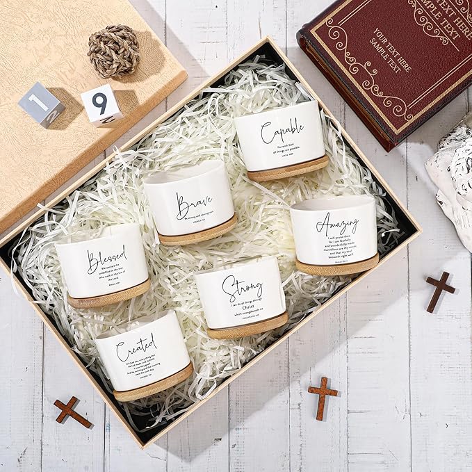 Sieral 10pcs Mothers Day Christian Gift Bible Verse Succulent Pots 3 x 3 x 2 Inch Mini Ceramic Succulent Planters with Bamboo Tray Small Plant Pots Gift for Church Women, Plants Not Included (Fresh)