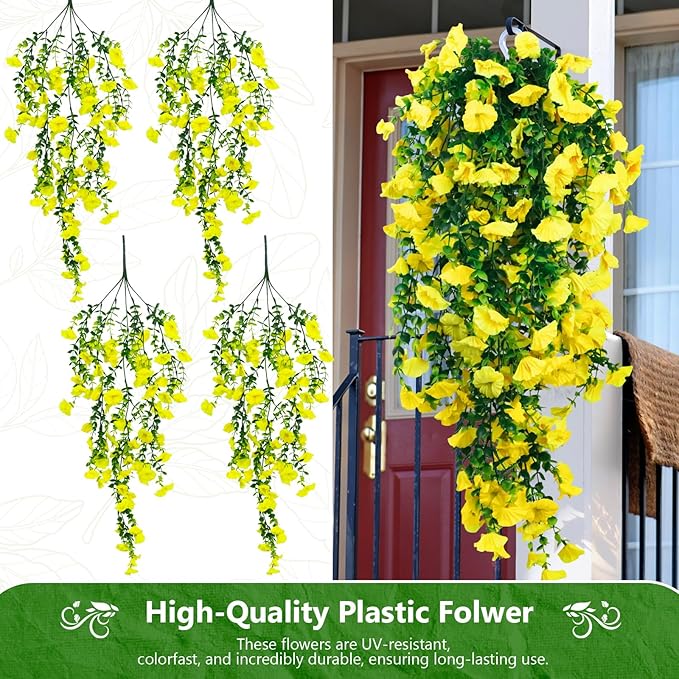 4-Pack Fake Hanging Plants, Faux Hanging Plant Artificial Greenery for Living Room Bedroom Boho Wall Shelf Indoor Outdoor Decor (Yellow Morning Glory)