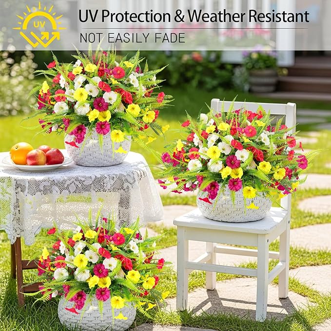 Artificial Flowers for Outdoors 12 Bundles Artificial Petunias Fake Flowers UV Resistant Shrubs Plants with Fern for Indoor Outside Hanging Planters Home Garden Spring Summer Decorations