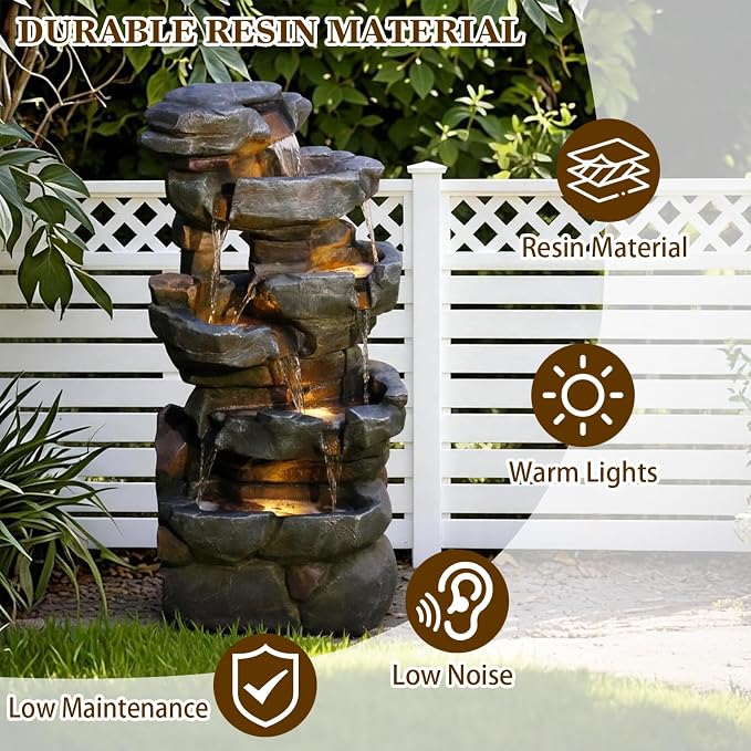 Sunlinua 42" H Outdoor Water Fountain with 5 Tiers Large Cascading Realistic Tree Trunk Waterfall Fountains with LED Lights Outdoor Water Fountain for Garden Patio Backyard Porch Home Decor