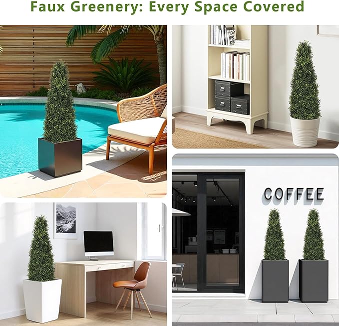 4ft Artificial Boxwood Topiary Trees (Set of 2) - UV Resistant Faux Plants Outdoor, Realistic 48in Fake Potted Bushes and Shrubs for Front Porch, Planter, Patio, Evergreen