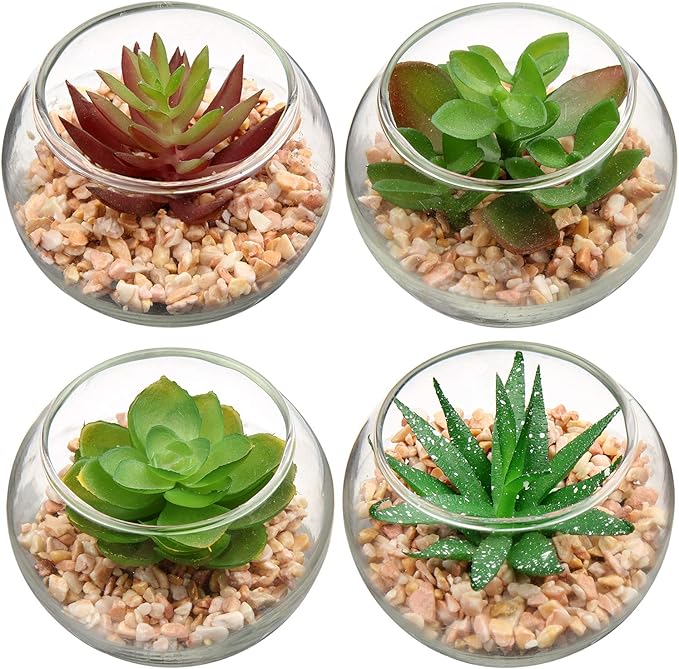 Briful Mini Fake Plants 4 Packs Cute Succulents Artificial Plants Potted Faux Succulents in Round Glass Vase for Bathroom Living Room Kitchen Shelf Table Decor
